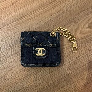 Chanel Denim Charm Bag Coin Purse Earphone Case Women's Blue 4x0.7x3.5 in